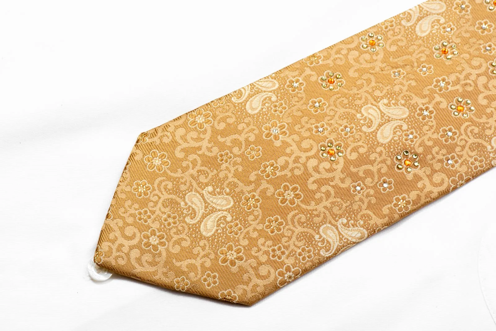 Arnaldo Bassini Rhinestone Tie Paisley Scrolls On Golden Silk