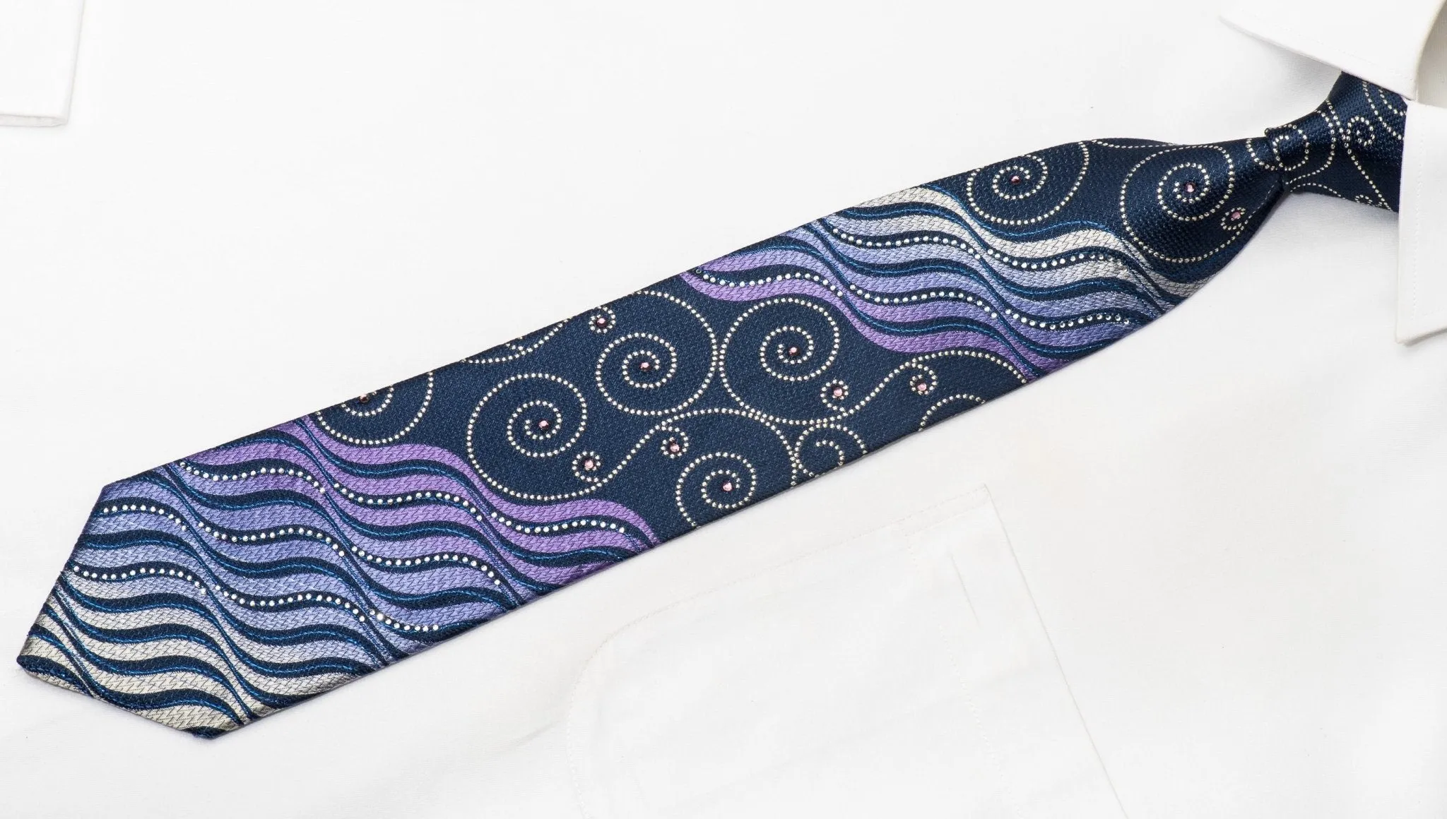 Austin Reed Men's Silk Rhinestone Necktie Scrolls & Waves On Blue With Sparkles