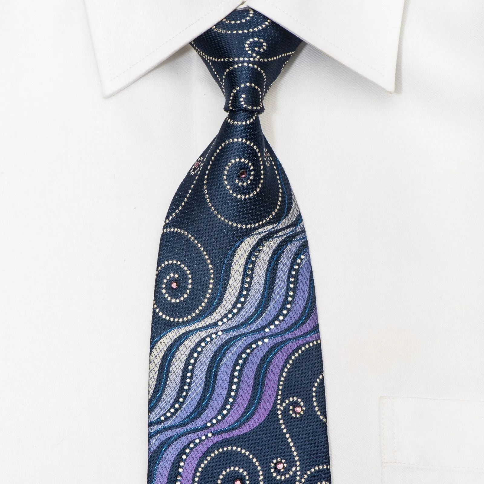 Austin Reed Men's Silk Rhinestone Necktie Scrolls & Waves On Blue With Sparkles