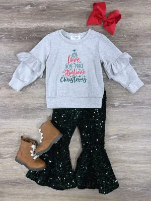 Believe in Christmas Dark Green Sequin Bell Bottom Outfit