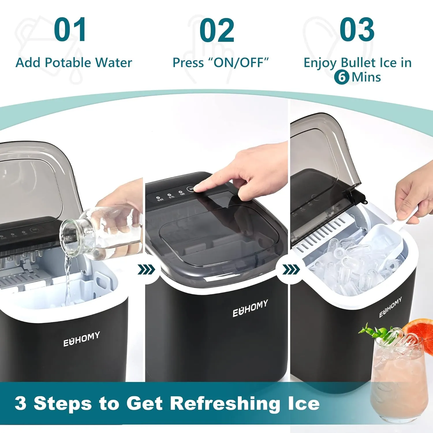 Countertop Ice Maker – 26 lbs/24hrs, 9 Cubes in 6 Mins, Auto-Cleaning, Portable with Basket & Scoop