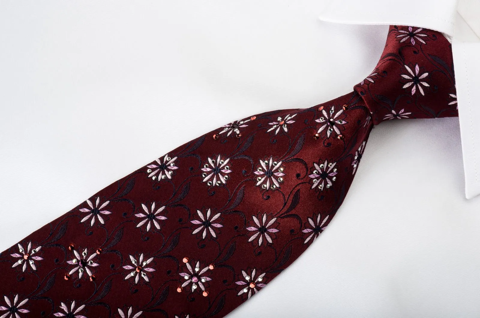 Countess Mara Silk Tie Floral On Burgundy Sparkling With Crystal Rhinestones