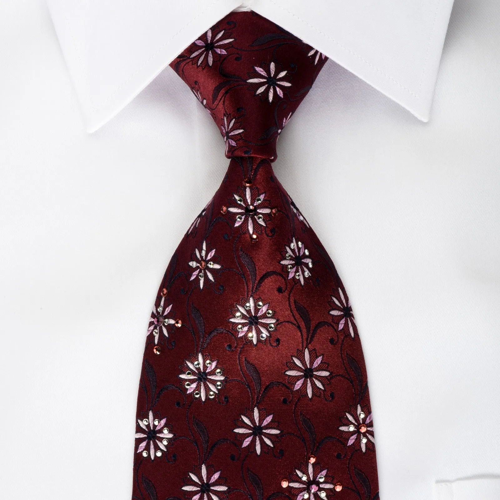 Countess Mara Silk Tie Floral On Burgundy Sparkling With Crystal Rhinestones