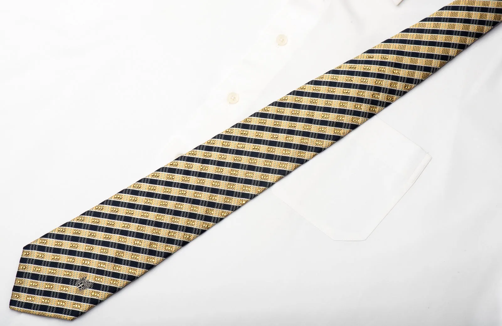 Daks Men's Silk Necktie Gold Navy Striped Sparkling With Rhinestones And Gold Sparkles