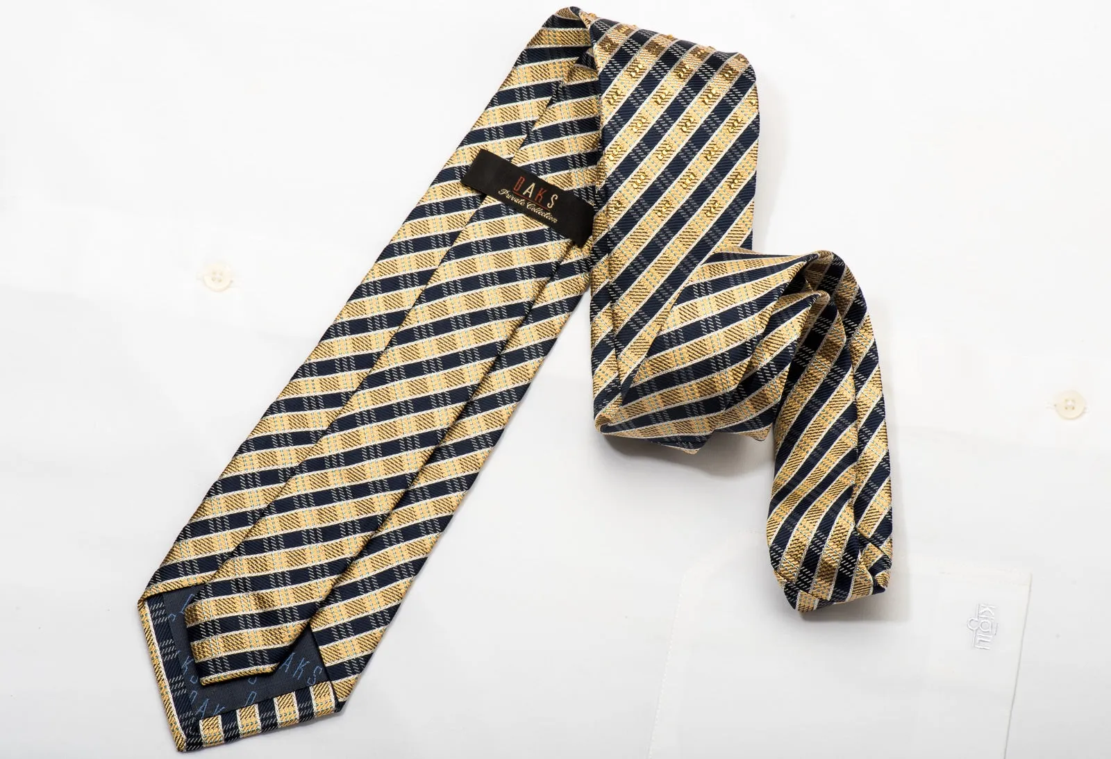 Daks Men's Silk Necktie Gold Navy Striped Sparkling With Rhinestones And Gold Sparkles