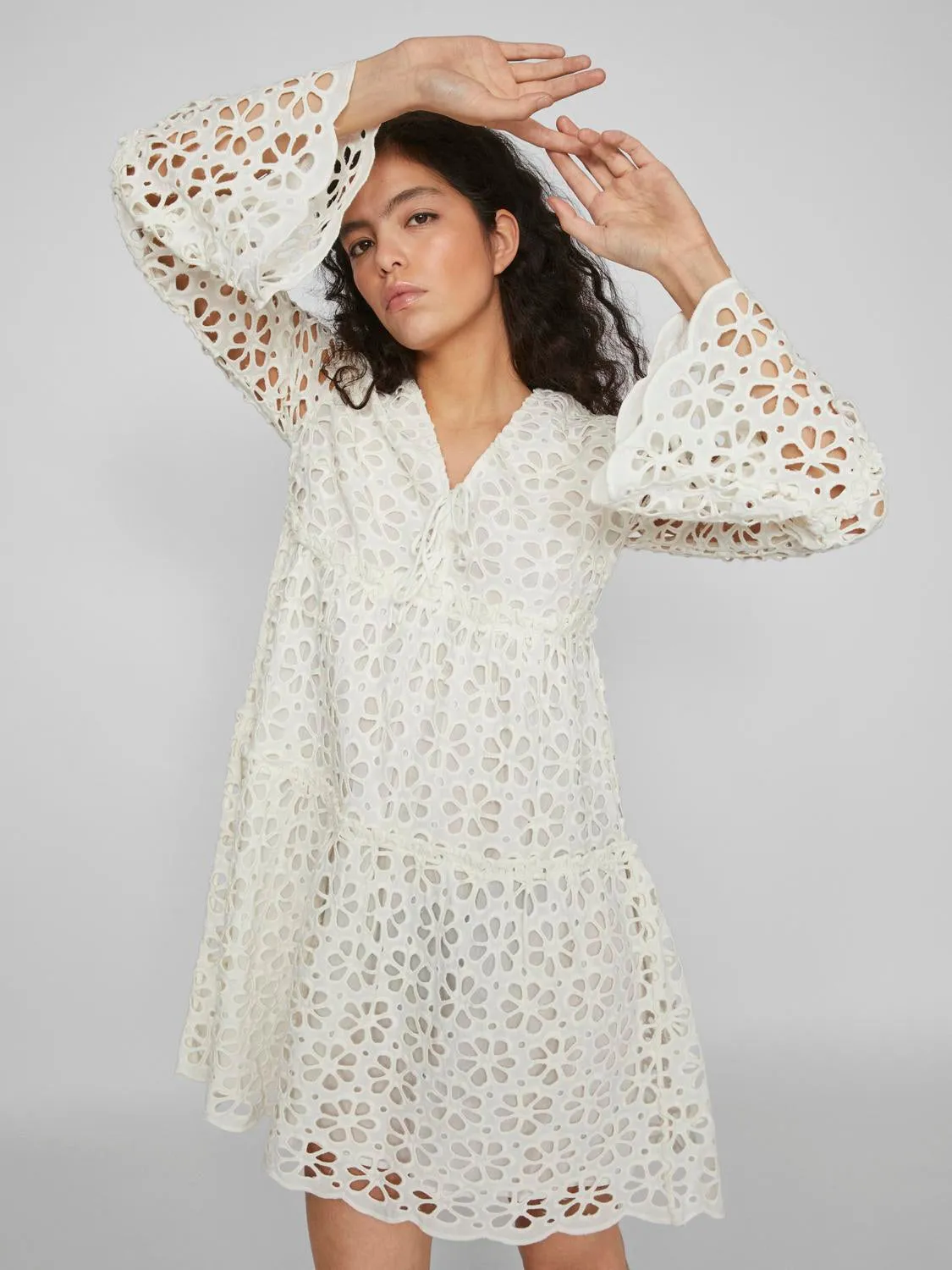 Dawn Broderie Anglaise Long Sleeve Mini Dress (White)