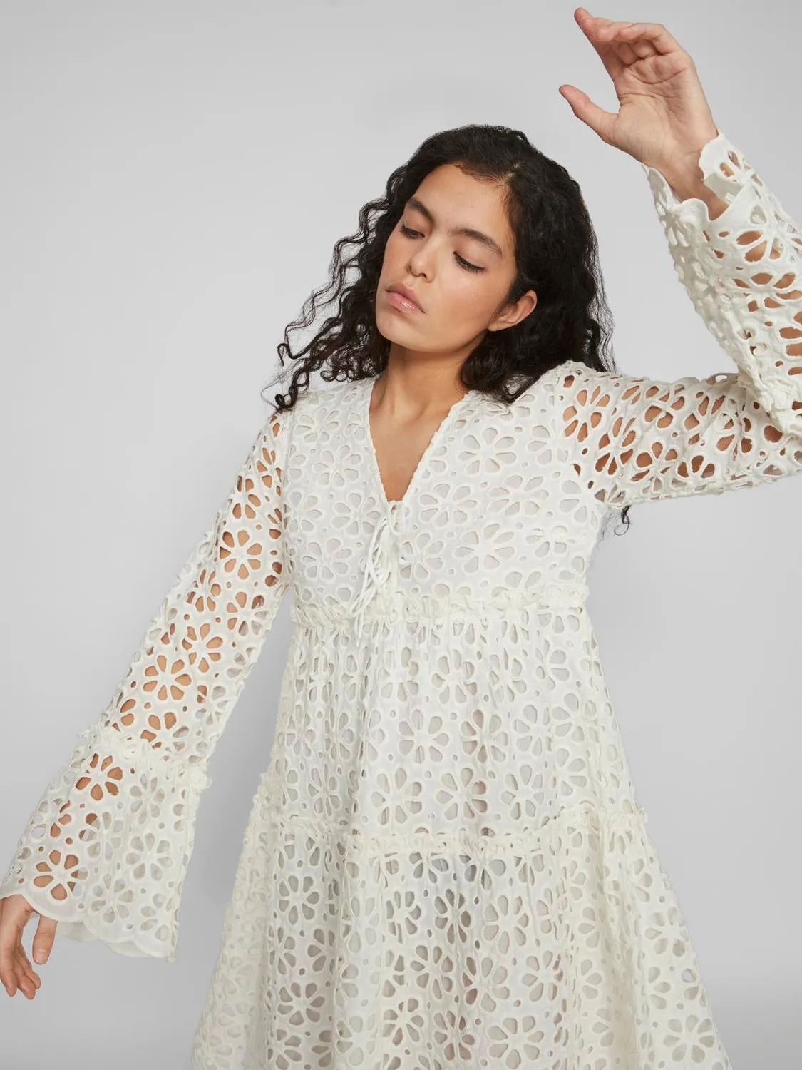 Dawn Broderie Anglaise Long Sleeve Mini Dress (White)