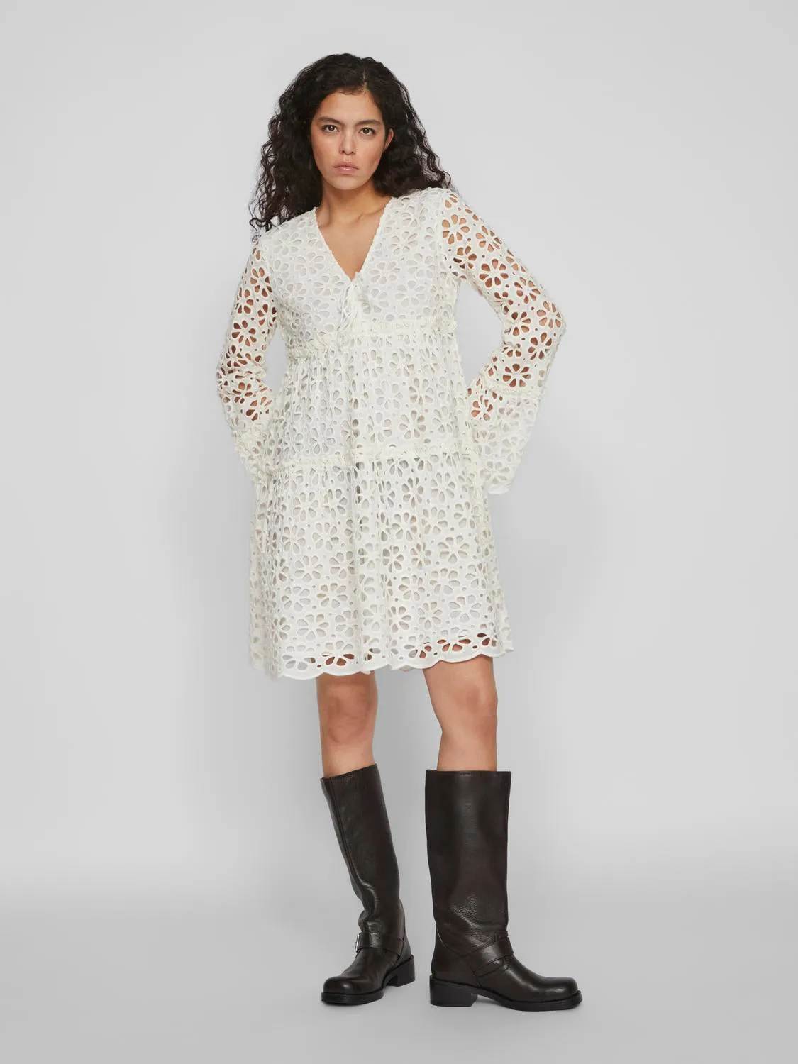 Dawn Broderie Anglaise Long Sleeve Mini Dress (White)