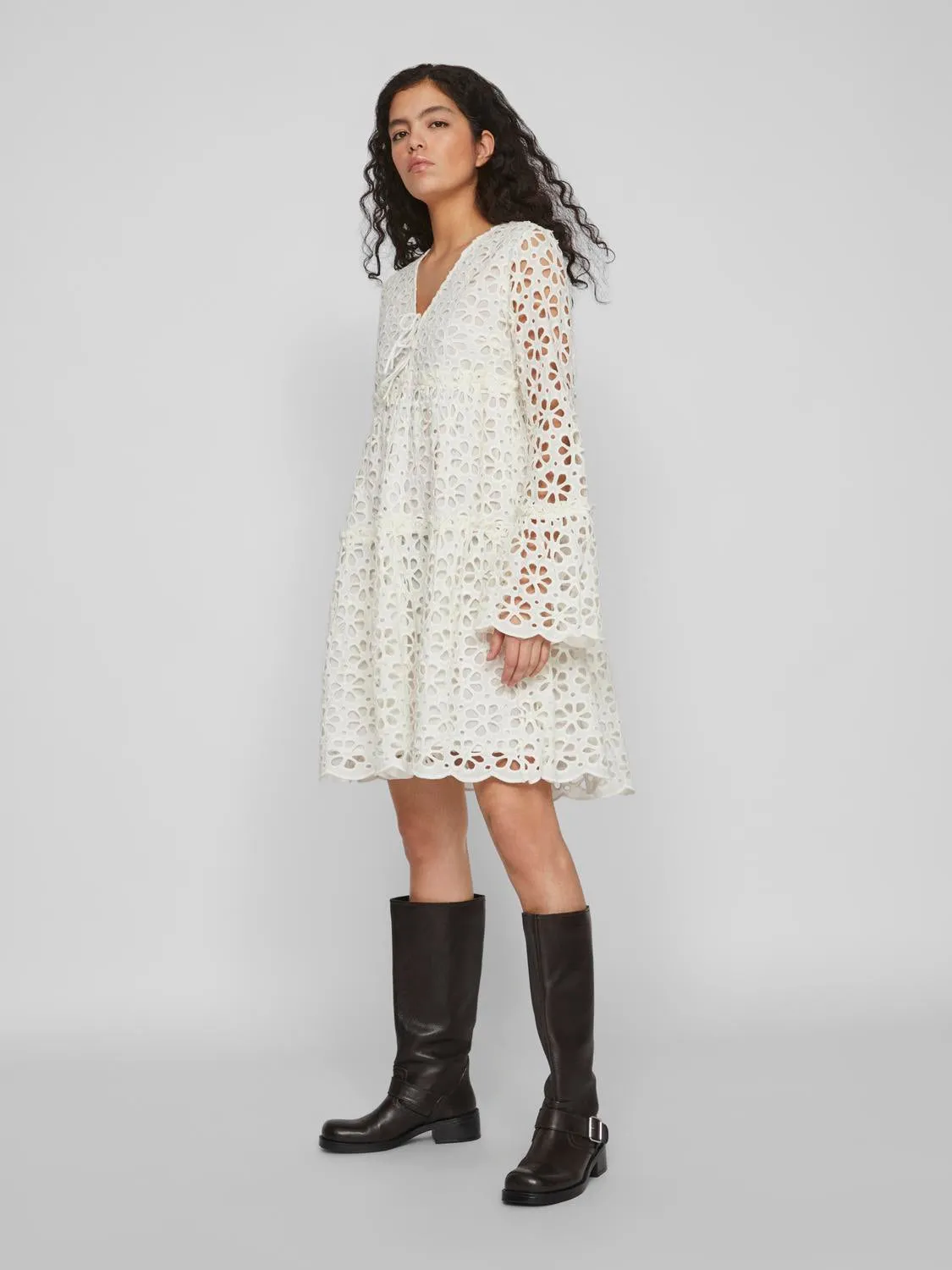 Dawn Broderie Anglaise Long Sleeve Mini Dress (White)