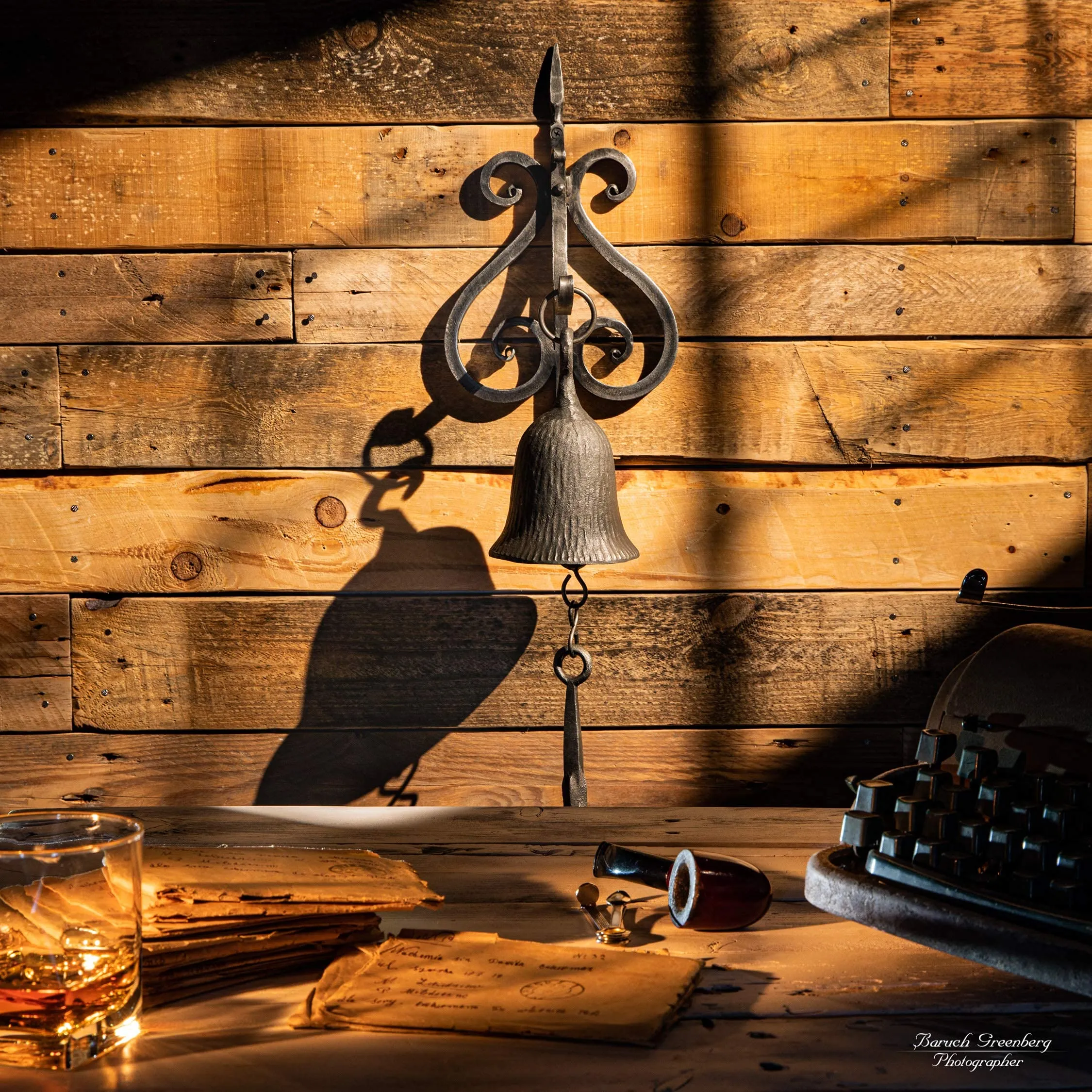 Dinner Bell, Cast Iron Design, Featured On An Antique Vintage Rustic Farmhouse Bracket