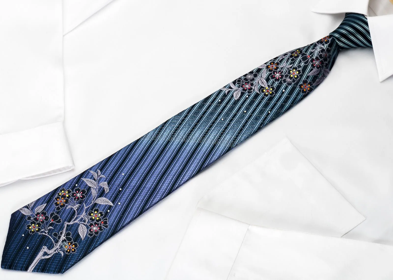 DNSK Rhinestone Silk Necktie Floral Striped On Blue With Silver Sparkles