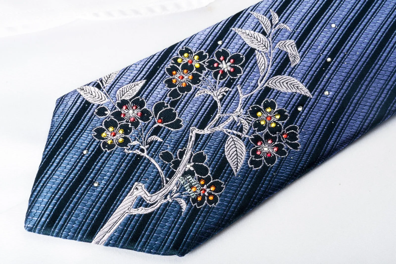 DNSK Rhinestone Silk Necktie Floral Striped On Blue With Silver Sparkles