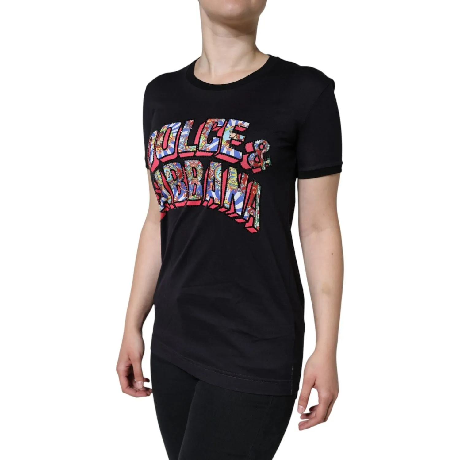 Dolce & Gabbana Black Cotton Logo Print Round Neck T-shirt