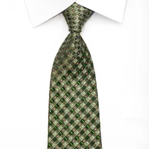 Elle Homme Men's Silk Tie Checkered On Green Sparkling With Rhinestones