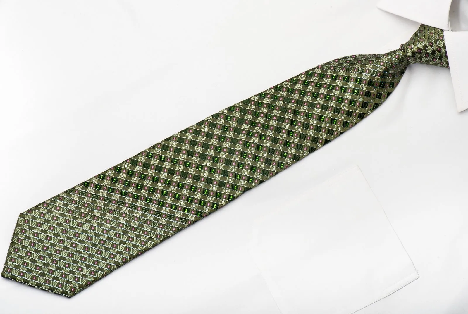 Elle Homme Men's Silk Tie Checkered On Green Sparkling With Rhinestones