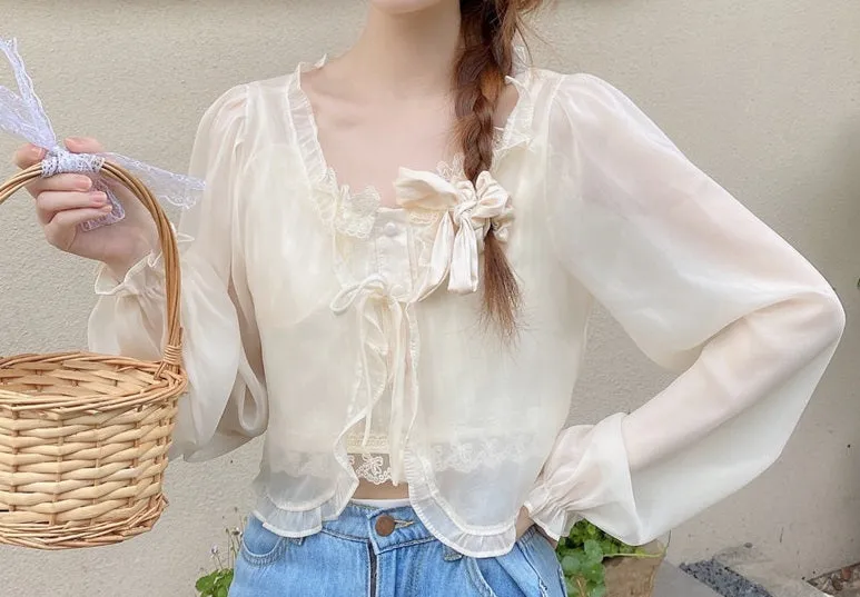 Fairy See Through White Cream Cardigan & Camisole Top Two Piece Set