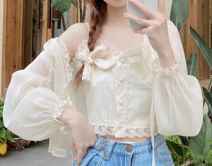 Fairy See Through White Cream Cardigan & Camisole Top Two Piece Set