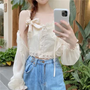 Fairy See Through White Cream Cardigan & Camisole Top Two Piece Set