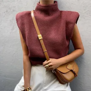 Fall/winter women's solid color sleeveless high neck fashion casual shoulder pad sweater