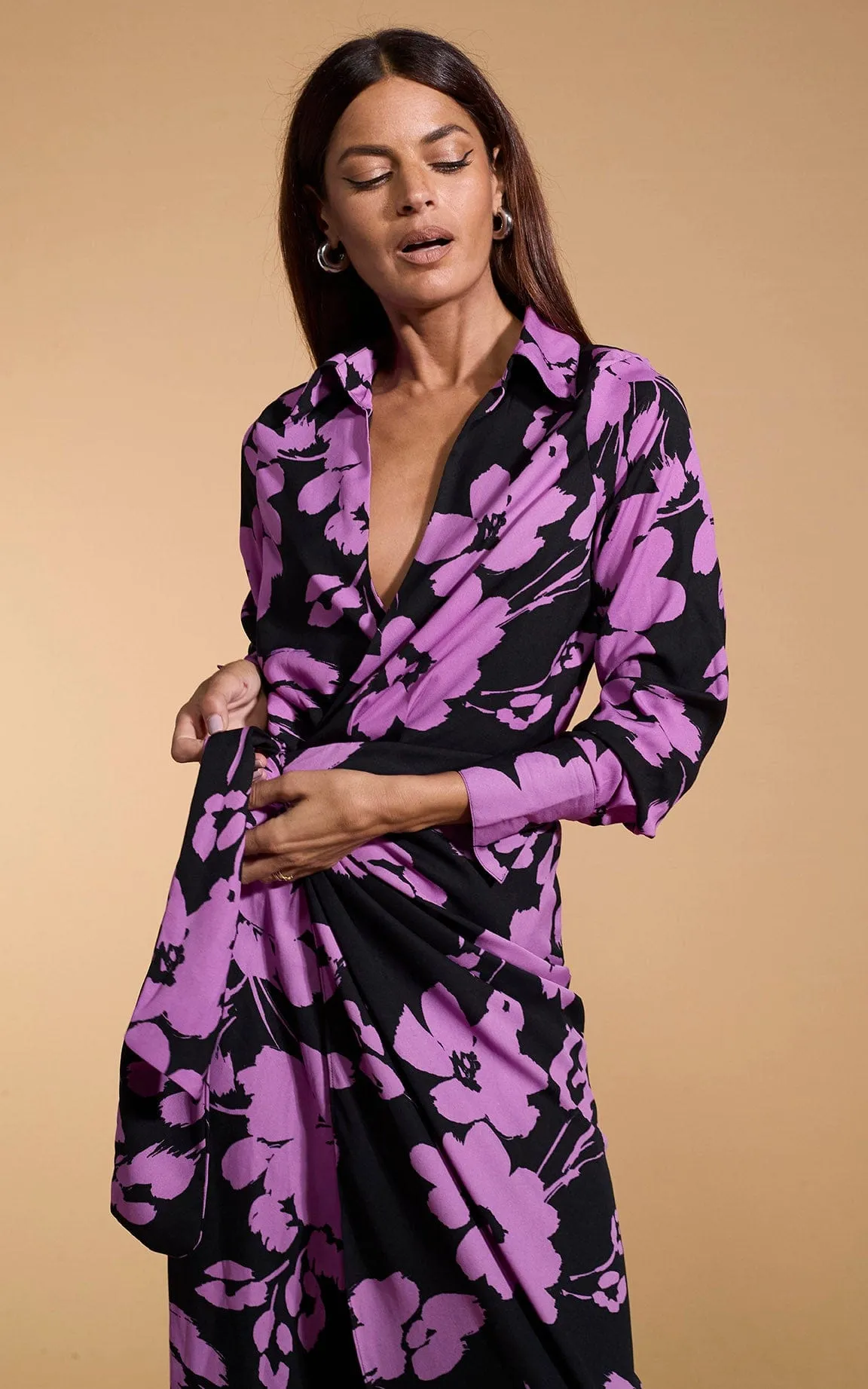 Frankie Wrap Dress In Lilac On Black Floral