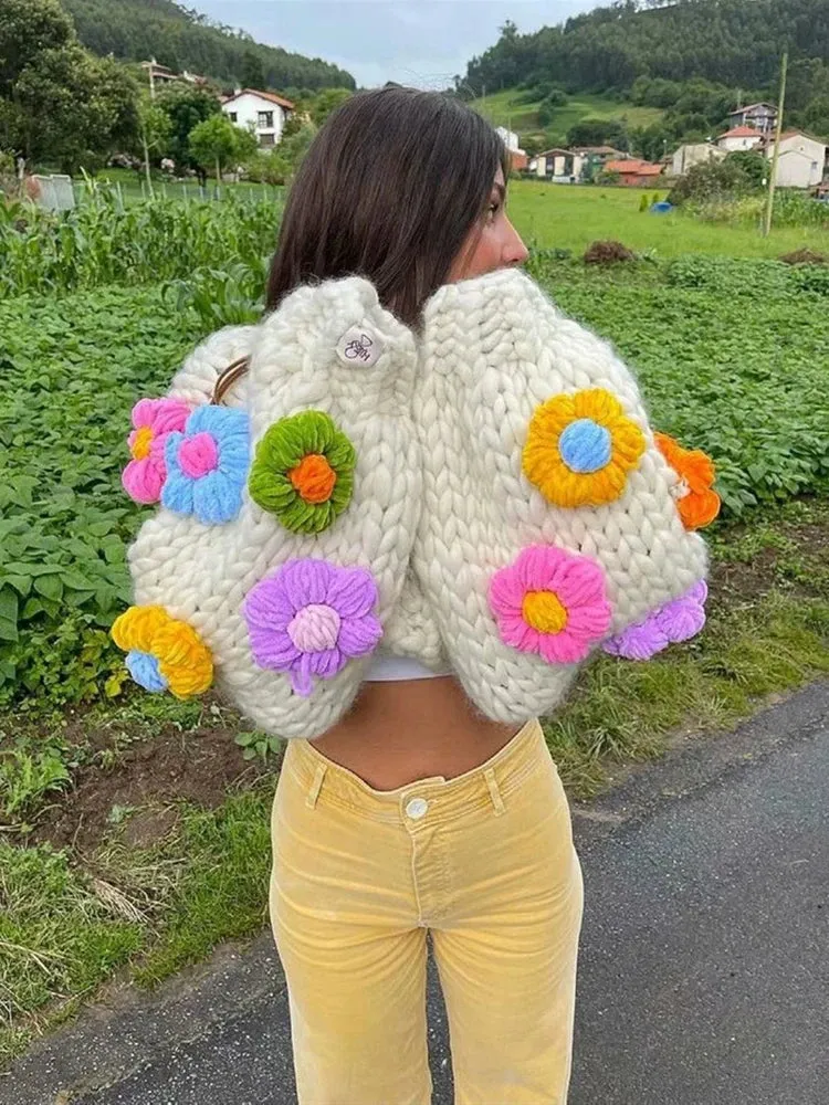 Handmade Autumn Button Flower Crochet Sleeve Street Lantern High Sweet Sweater