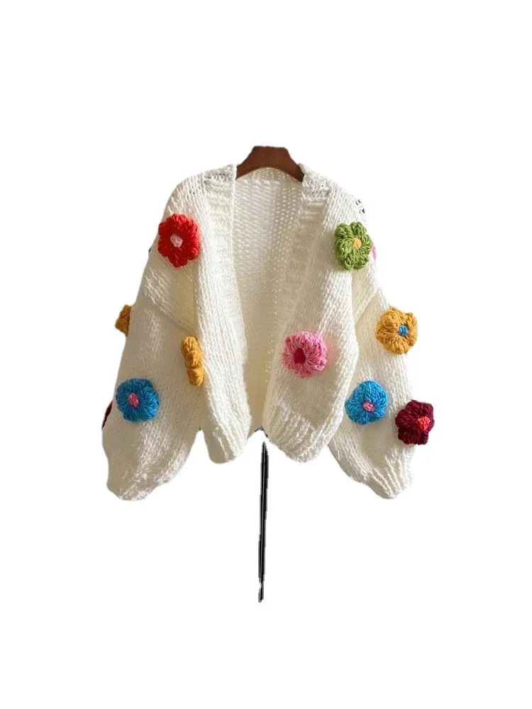 Handmade Autumn Button Flower Crochet Sleeve Street Lantern High Sweet Sweater