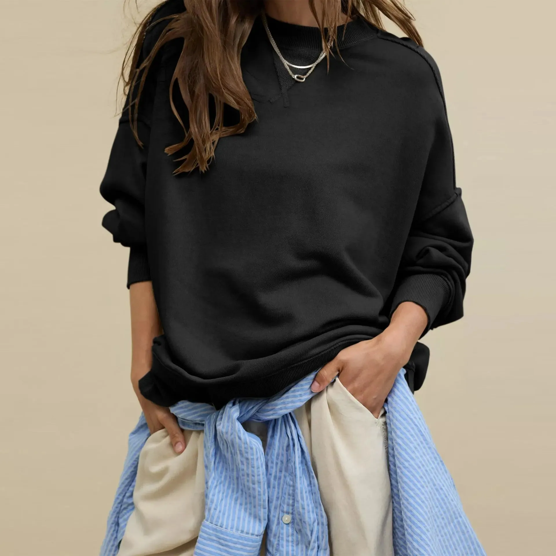 Line Slit Solid Color Loose Sweatshirt