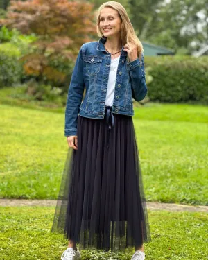 Long Pleated Tulle Skirt - Navy