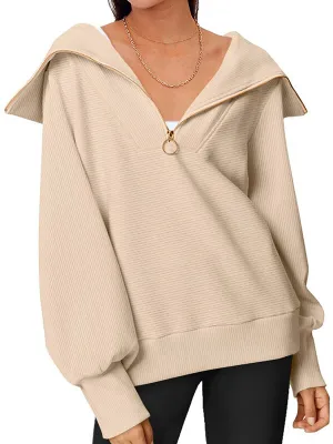 Long Sleeves Loose Solid Color Zipper Lapel Sweatshirt Tops