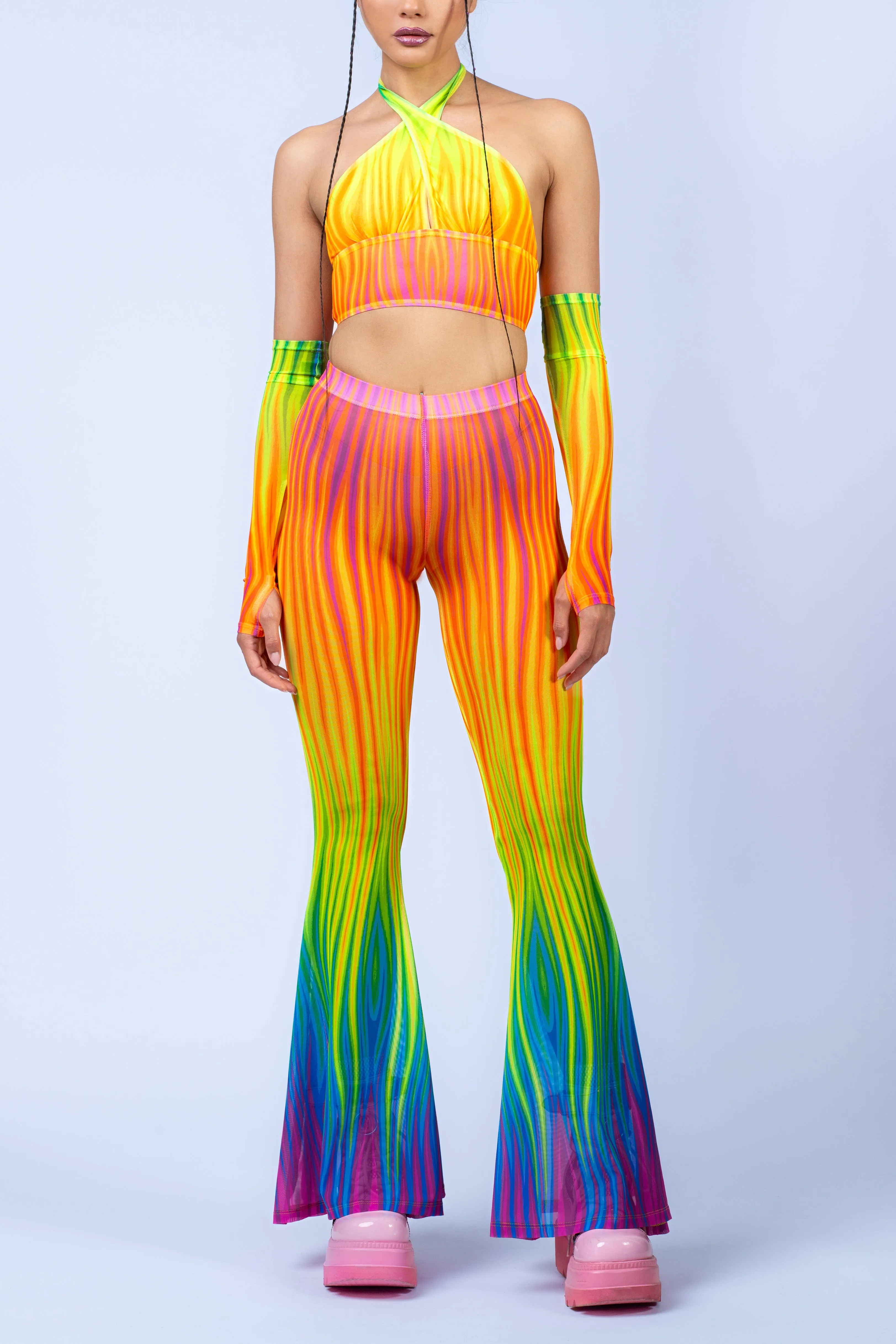 Neon Rainbow Flame Criss Cross Mesh Top