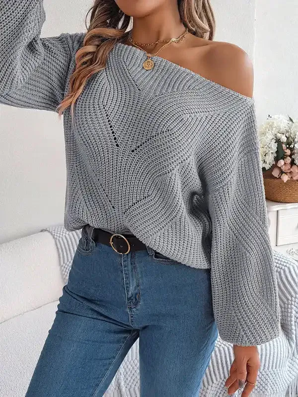 New casual hollow one-line collar off-shoulder lantern sleeve sweater