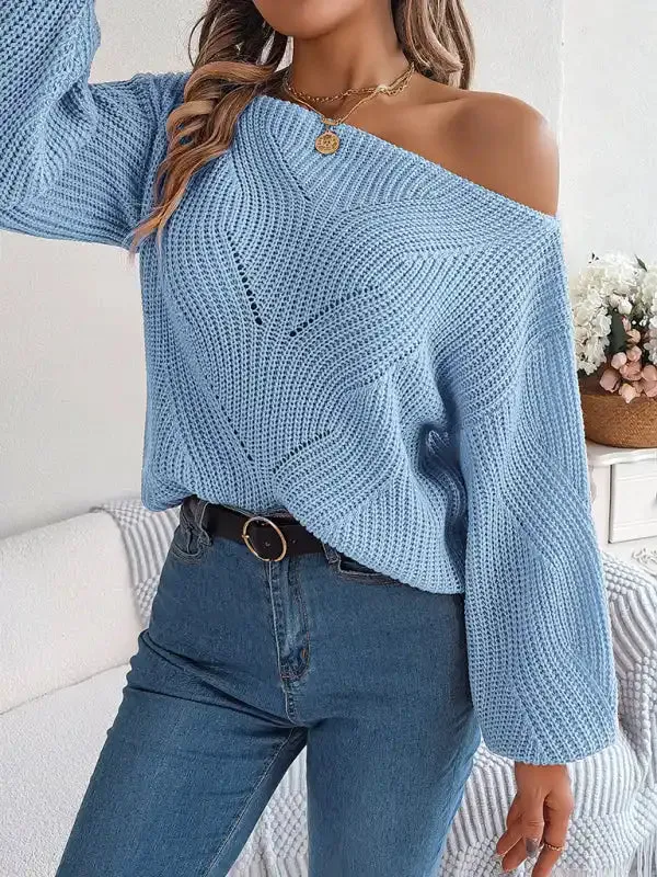 New casual hollow one-line collar off-shoulder lantern sleeve sweater