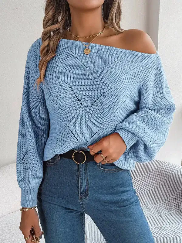 New casual hollow one-line collar off-shoulder lantern sleeve sweater