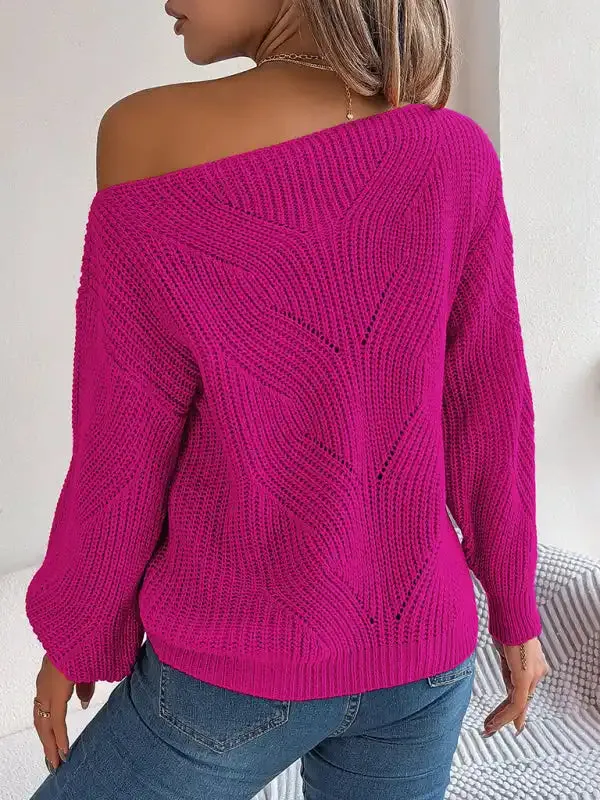 New casual hollow one-line collar off-shoulder lantern sleeve sweater