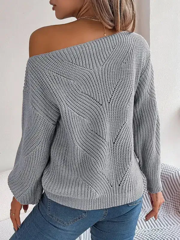 New casual hollow one-line collar off-shoulder lantern sleeve sweater