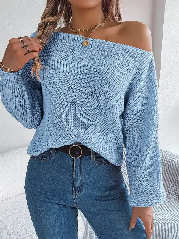 New casual hollow one-line collar off-shoulder lantern sleeve sweater