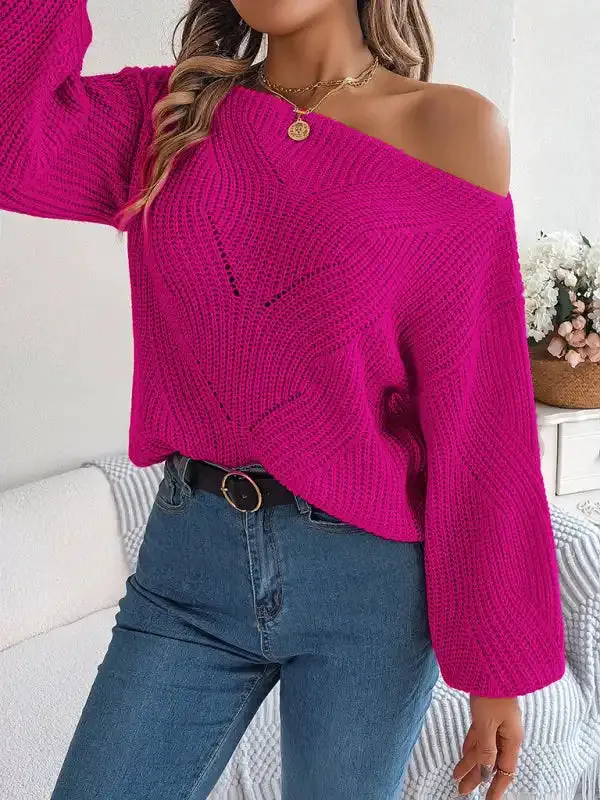 New casual hollow one-line collar off-shoulder lantern sleeve sweater