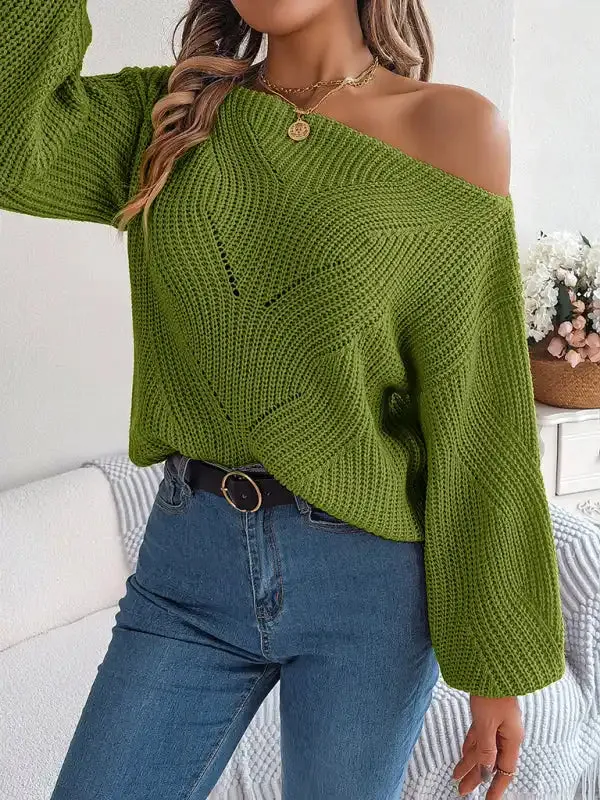 New casual hollow one-line collar off-shoulder lantern sleeve sweater