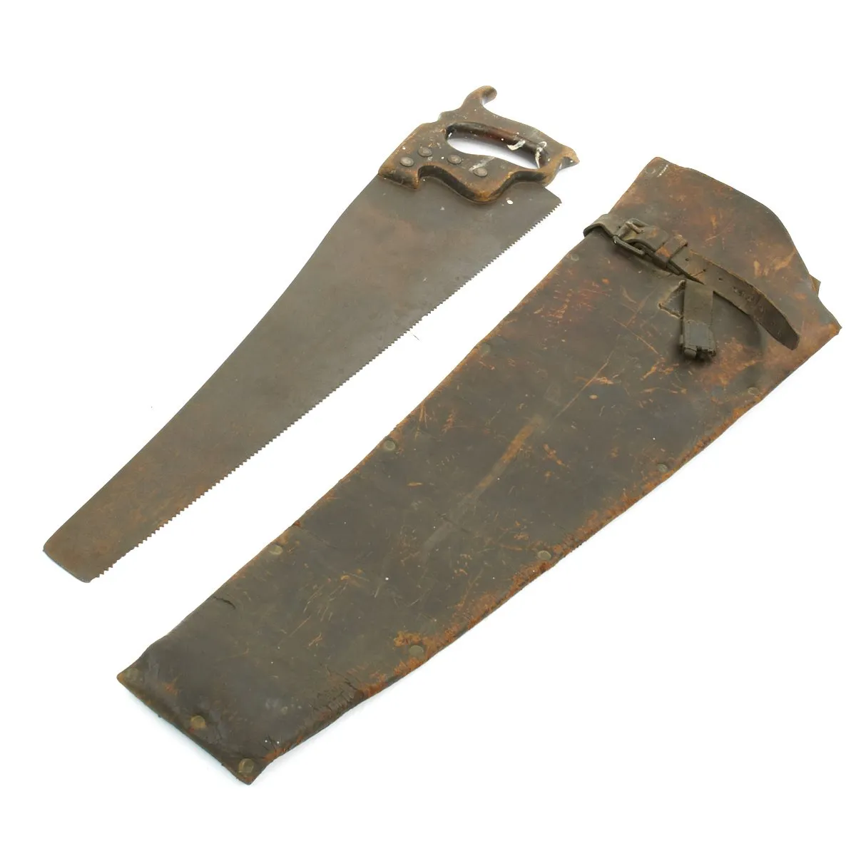 Original British WWI Regimentally Marked Hand Saw with Leather Carrier - dated 7.1915