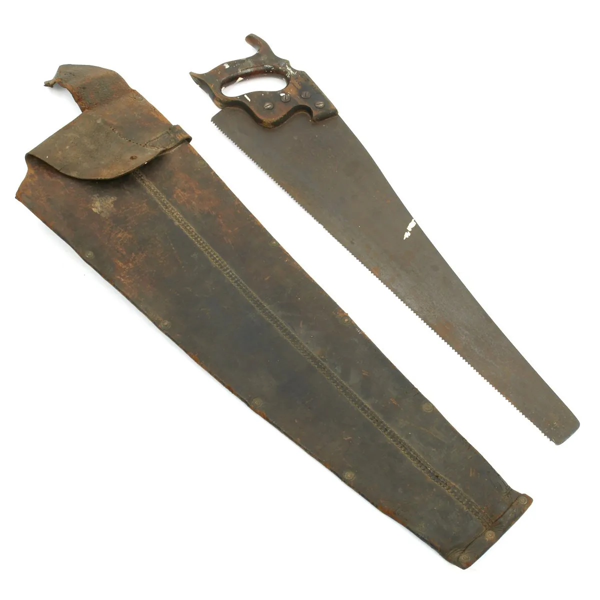 Original British WWI Regimentally Marked Hand Saw with Leather Carrier - dated 7.1915