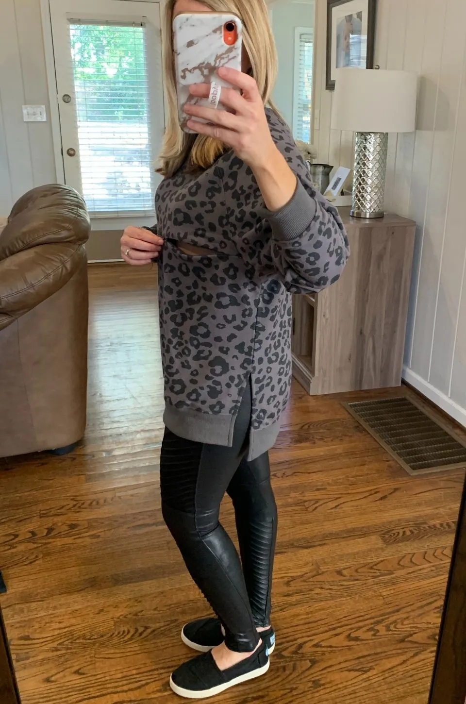 Oversized Nursing Sweatshirt With Side Slits- Gray Leopard