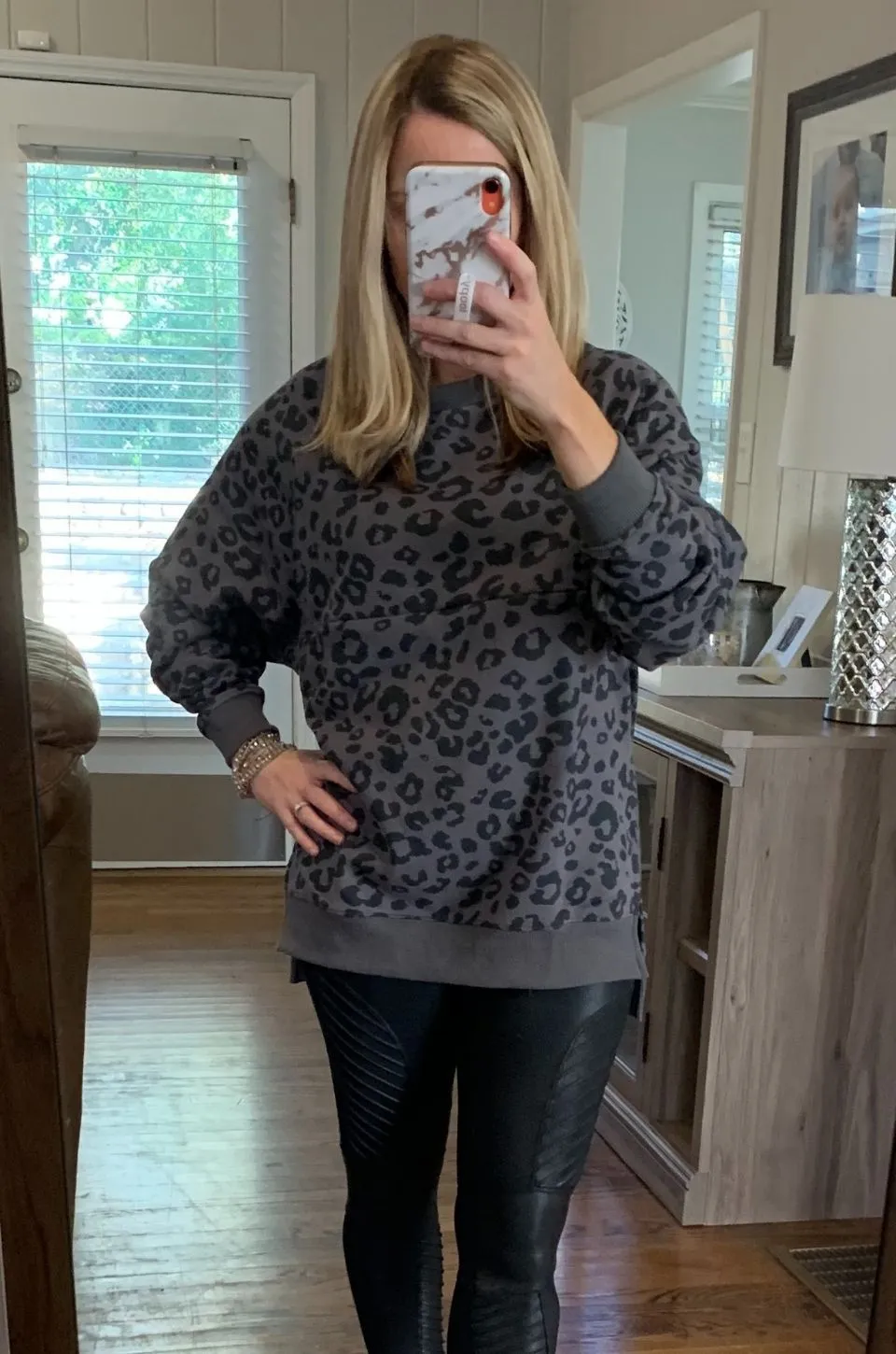 Oversized Nursing Sweatshirt With Side Slits- Gray Leopard