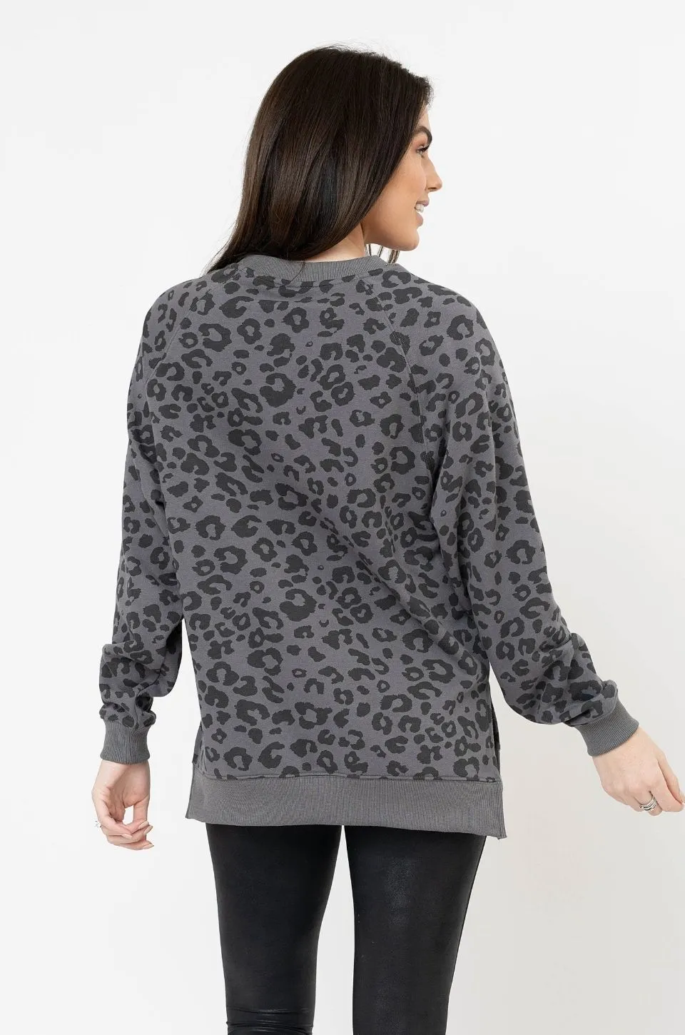 Oversized Nursing Sweatshirt With Side Slits- Gray Leopard