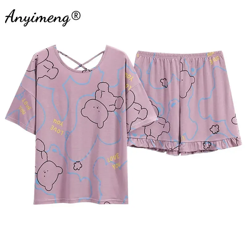 Plus Size Women Pajama Summer Shorts Soft Modal Moon Bear Printing Chic Design Sleepwear Lady's Lingerie Cool Pijama Nightwear