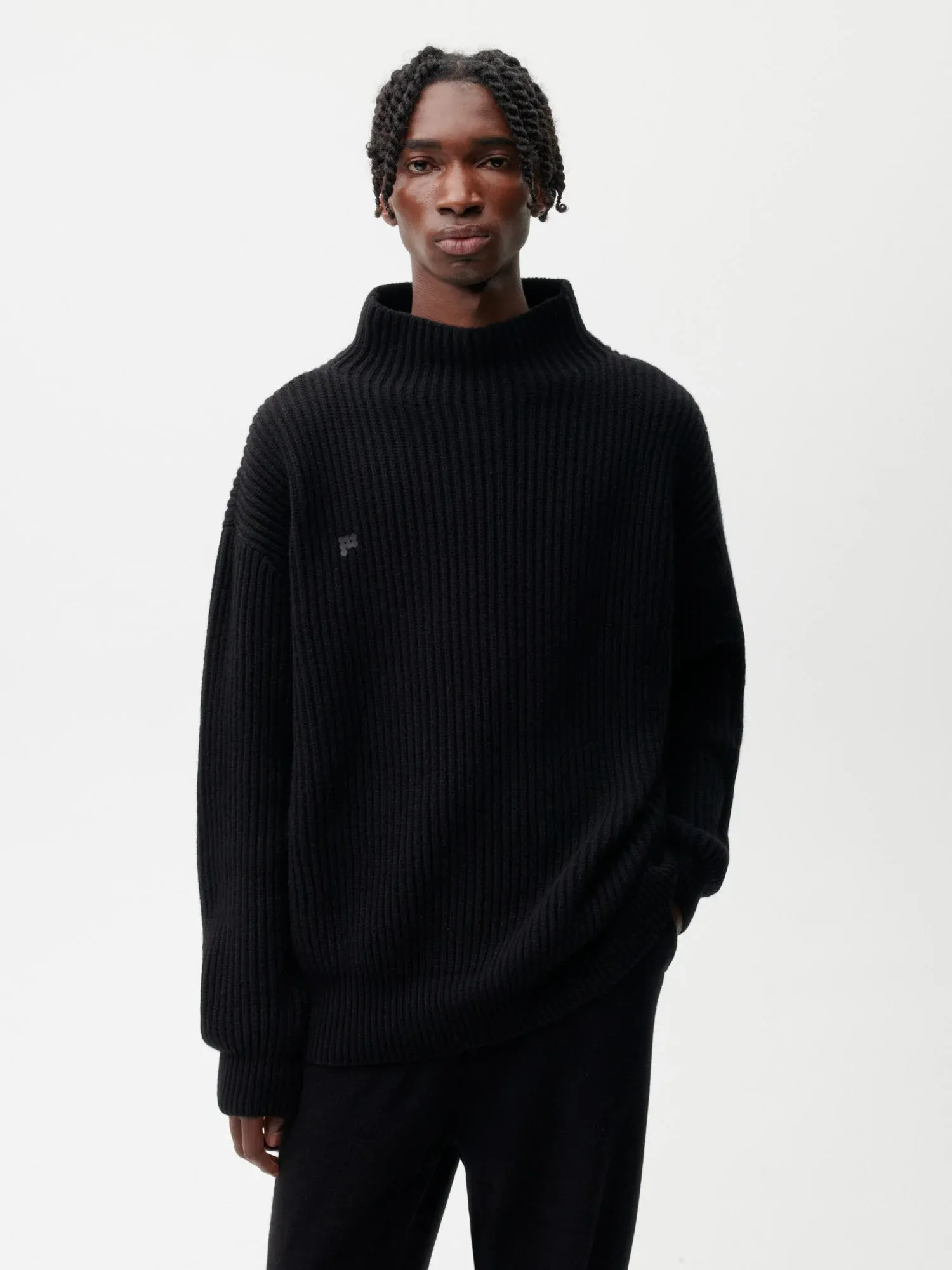 Recycled Cashmere Funnel-Neck Sweater—black