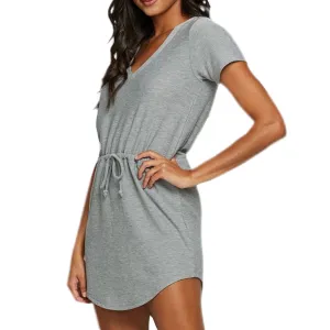 RPET Cozy Knit V Neck Shirttail Mini Dress - Heather Grey.