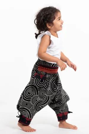 Swirls Prints Thai Hill Tribe Fabric Kids Harem Pants with Ankle Straps in Black